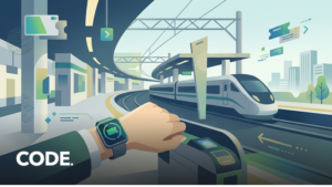 駅の改札前でスマートウォッチを腕に着けた通勤者のイメージ